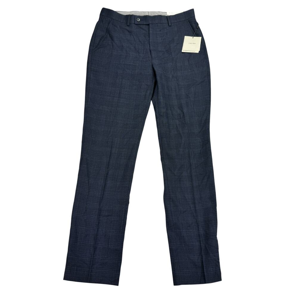 Calvin Klein Mens Jace Slim Fit Plaid Wool Blend Suit Pants Blue 32x32